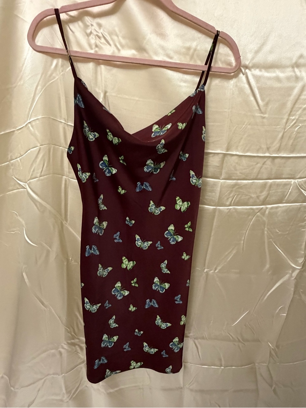 Urban Outfitters Butterfly Print Cowl Neck Mini Slip Dress Burgundy Size Medium